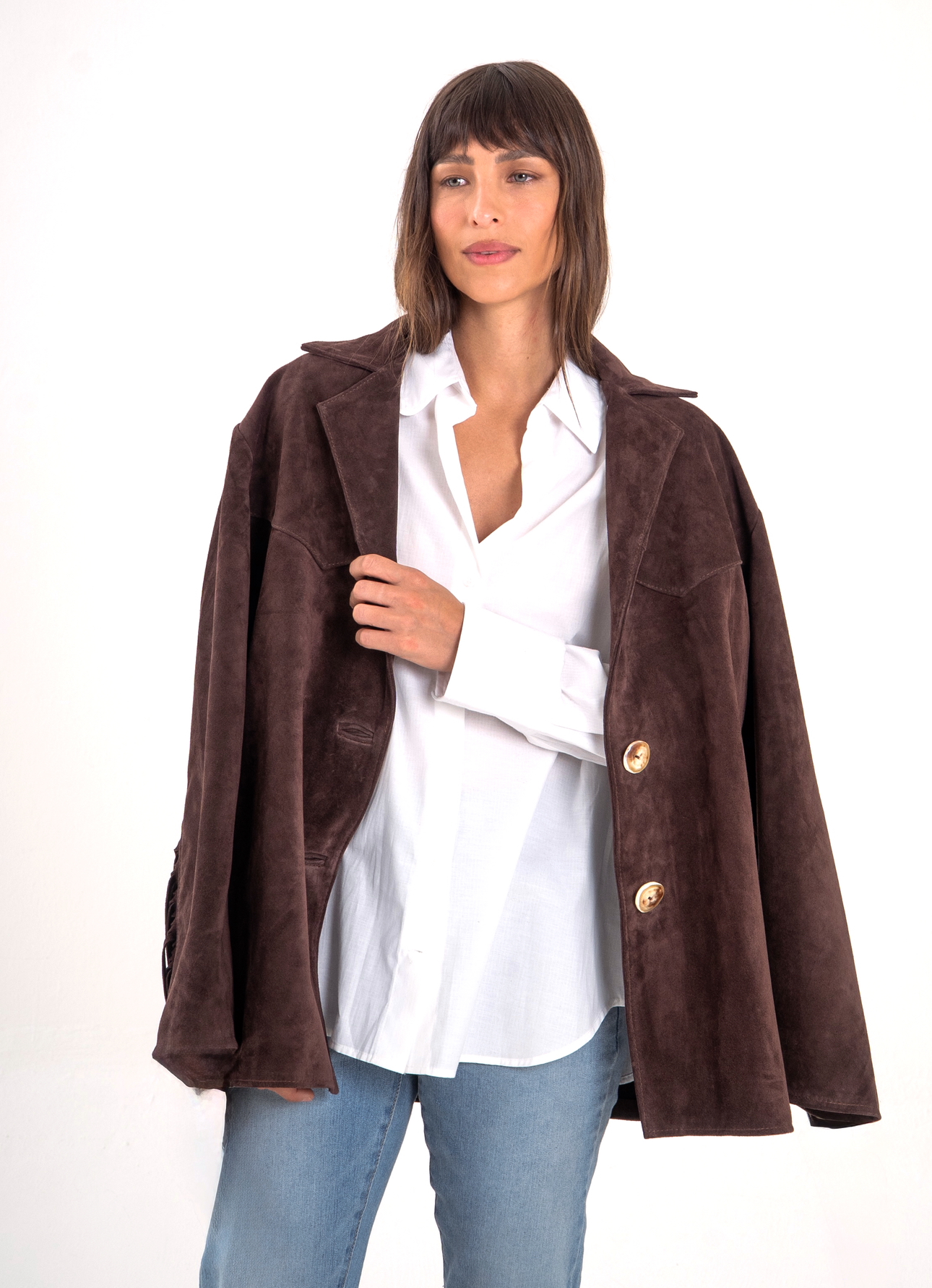Blazer MARIA gamuza verde con cuello gamuza chocolate 